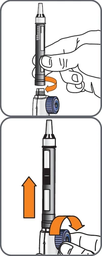 Technical drawing showing a hand screwing the top part of an injection pen and an orange arrow indicating the direction of movement