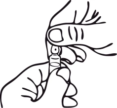 Black and white drawing showing two hands holding and manipulating a small glass vial for a medication