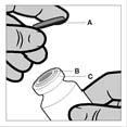 Two hands holding a vial with labels A, B, and C indicating components for the preparation of a liquid medication