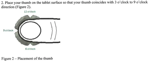 Diagram showing thumb placement on a tablet with indications at 12, 6, and 9 o'clock positions
