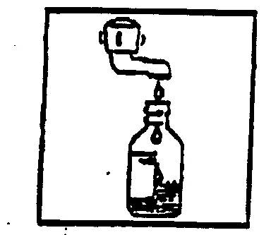 Disegno schematico di una siringa che preleva il liquido goccia dopo goccia dall'interno di un flacone di vetro con etichetta