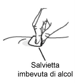 Schematic drawing of a hand using an alcohol wipe to clean an area of skin before a medical procedure