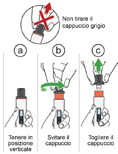 Three sequential illustrations showing how to hold and unscrew the grey cap of a medical device while holding it in an upright position