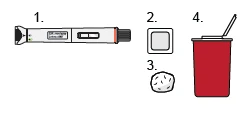 Numbered diagram with an injection pen, a white square, a round pill, and a red cup with a straw
