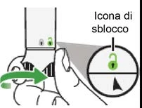 Technical drawing showing a hand rotating a device with a green arrow and a close-up of a