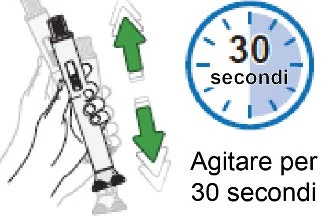 Medical illustration showing a hand shaking an injection pen vertically with green arrows and a clock indicating 30 seconds