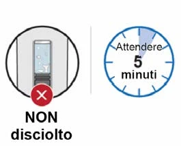 Circular icon with an undissolved vial marked with a red X and a clock indicating the