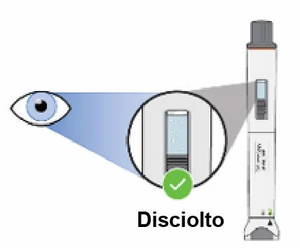Diagram showing an eye observing a magnified detail of a pen syringe with transparent liquid and the label Dissolved