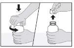 Illustrazione che mostra due mani che ruotano un tappo verso il basso per aprirlo e una mano che solleva il tappo da un flacone medico