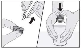 Diagramma che mostra come inserire l'ago di una siringa nel tappo di un flacone e svitare il cappuccio per l'iniezione
