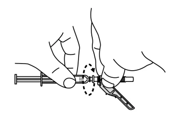 Due mani che tengono una siringa mentre una freccia tratteggiata indica il movimento di inserimento di un componente o tappo sulla punta