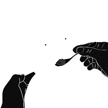 Black silhouette of two hands using a teaspoon to measure dark powder over an open container