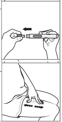 Due mani preparano una penna iniettore e una mano applica il dispositivo sulla coscia con una freccia che indica il movimento di scorrimento
