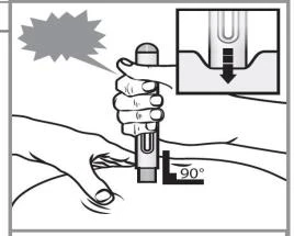 Disegno tecnico che mostra una mano che preme un dispositivo medico sulla pelle con un angolo di 90 gradi e un dettaglio dell'innesto