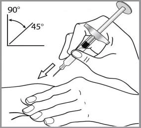 Disegno tecnico che mostra una mano che impugna una siringa per un'iniezione con indicazione degli angoli di 45 e 90 gradi rispetto alla pelle