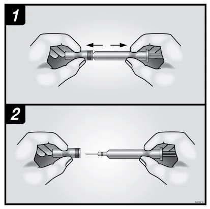 Two illustrations show two hands separating a medical device into two parts and then joining the
