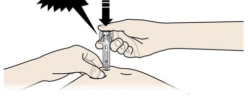 Two hands holding an injection pen to apply it to the skin of the