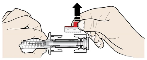 Two hands holding a syringe-shaped medical device with a black arrow pointing toward the