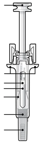 Black and white technical schematic of a pre-filled syringe with black lines indicating different parts of the medical device