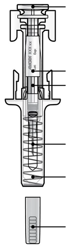 Black and white technical diagram of a pre-filled syringe showing markings for batch number, expiration date, and internal components such as the spring and the