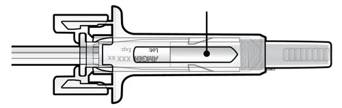 Technical diagram of a medical injection pen with indications for batch number and expiration date, and a black dot on a vertical line