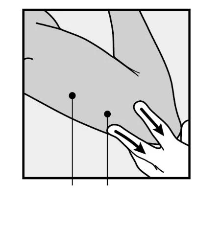 Disegno schematico di un braccio con due punti neri indicati da frecce che mostrano la posizione corretta per l'iniezione sottocutanea