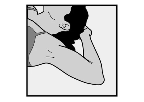 Disegno stilizzato di una persona con la testa reclinata all'indietro e la mano appoggiata al collo per indicare dolore o tensione cervicale