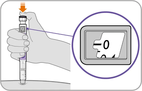Una mano impugna una penna iniettiva con un ingrandimento che mostra il display digitale con il numero 0 in evidenza