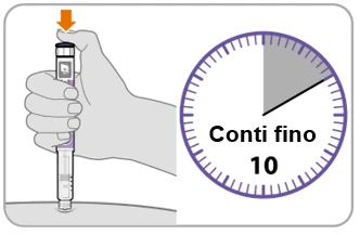 Una mano impugna una penna iniettiva su una superficie cutanea accanto a un orologio con la scritta Conti fino a 10