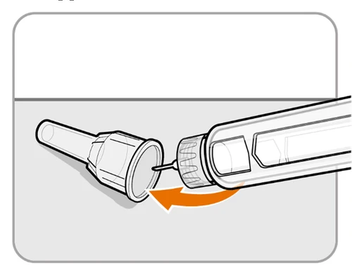 Illustrazione tecnica che mostra l'avvitamento di un cappuccio protettivo su un dispositivo medico con una freccia arancione curva che indica il movimento
