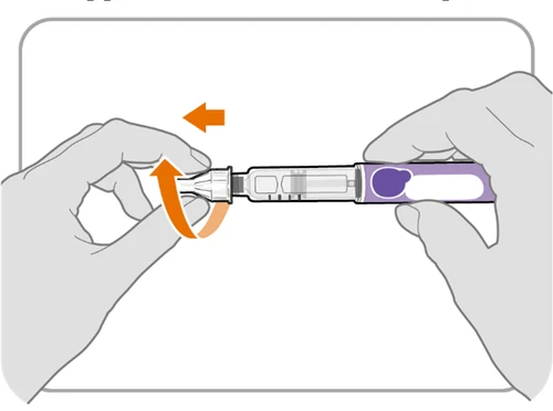 Due mani tengono una penna iniettiva mentre una freccia arancione indica il movimento di rotazione della parte superiore per la preparazione
