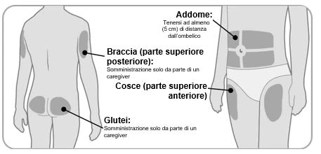 Diagramma del corpo umano che indica le zone di iniezione su braccia, addome, cosce e glutei con relative istruzioni per l'uso e il caregiver