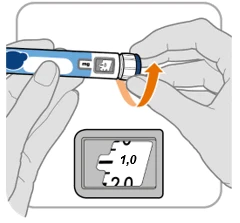 Due mani ruotano la parte superiore di un dispositivo medico blu e bianco con una freccia arancione e un display che indica 1,0 mg