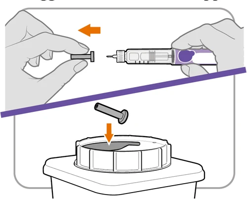 Due mani separano il pistone da una siringa viola e lo inseriscono successivamente nel contenitore bianco del farmaco con una freccia arancione