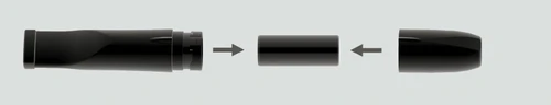Diagram showing three black cylindrical components and two gray arrows indicating assembly movement toward a central cylinder