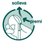Circular diagram with arrows indicating to press the device and lift it for the