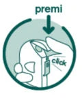 Circular illustration showing a hand pressing down a medical device to activate a mechanism with a click sound