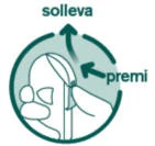 Circular diagram with arrows indicating to press the device and lift it toward the