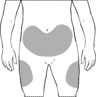 Disegno schematico di un torso umano con aree grigie che indicano zone di applicazione sull'addome e sulla parte superiore delle cosce