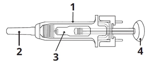 Schema tecnico di una siringa con numeri che indicano il corpo del dispositivo 1, l'ago 2, il liquido interno 3 e il pistone 4