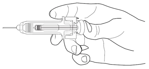 Disegno lineare di una mano che impugna una siringa orizzontale con l'ago rivolto verso sinistra e il pollice appoggiato sul pistone