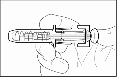 Disegno lineare di una mano che impugna un dispositivo medico cilindrico con una molla interna e un pulsante terminale sulla destra