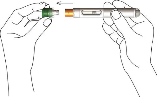 Dwie ręce łączące zielony kaptur z walcowatym szarosrebrnym urządzeniem medycznym za pomocą ruchu wskazanego strzałką