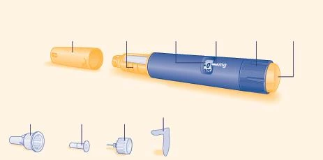Diagram of a blue and yellow medical device with separate components including a main body, a cap, and various replacement parts