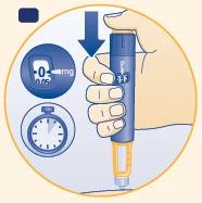 A hand holds a blue injection pen with a digital display reading 0 mg and a timer next to it indicating the injection procedure