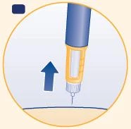 Medical illustration of an injection pen with a blue arrow pointing to the left