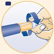 A hand rotates the top part of a medical injection pen following the direction of a curved blue arrow to prepare the dose
