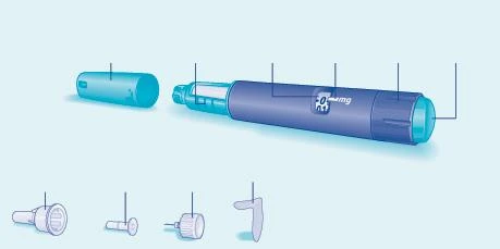 Technical diagram of a blue injection pen with separated components and guide lines indicating various parts of the medical device