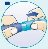 Two hands hold a light blue and blue medical device, with an arrow indicating a rightward rotating or sliding movement
