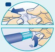 Two circular illustrations show hands removing a transparent cap and then rotating the top part of a blue medical device